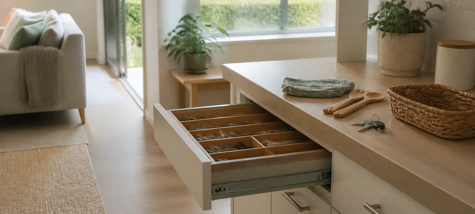 An open kitchen drawer and a few everyday items being sorted on a bench in an ordinary Australian home
