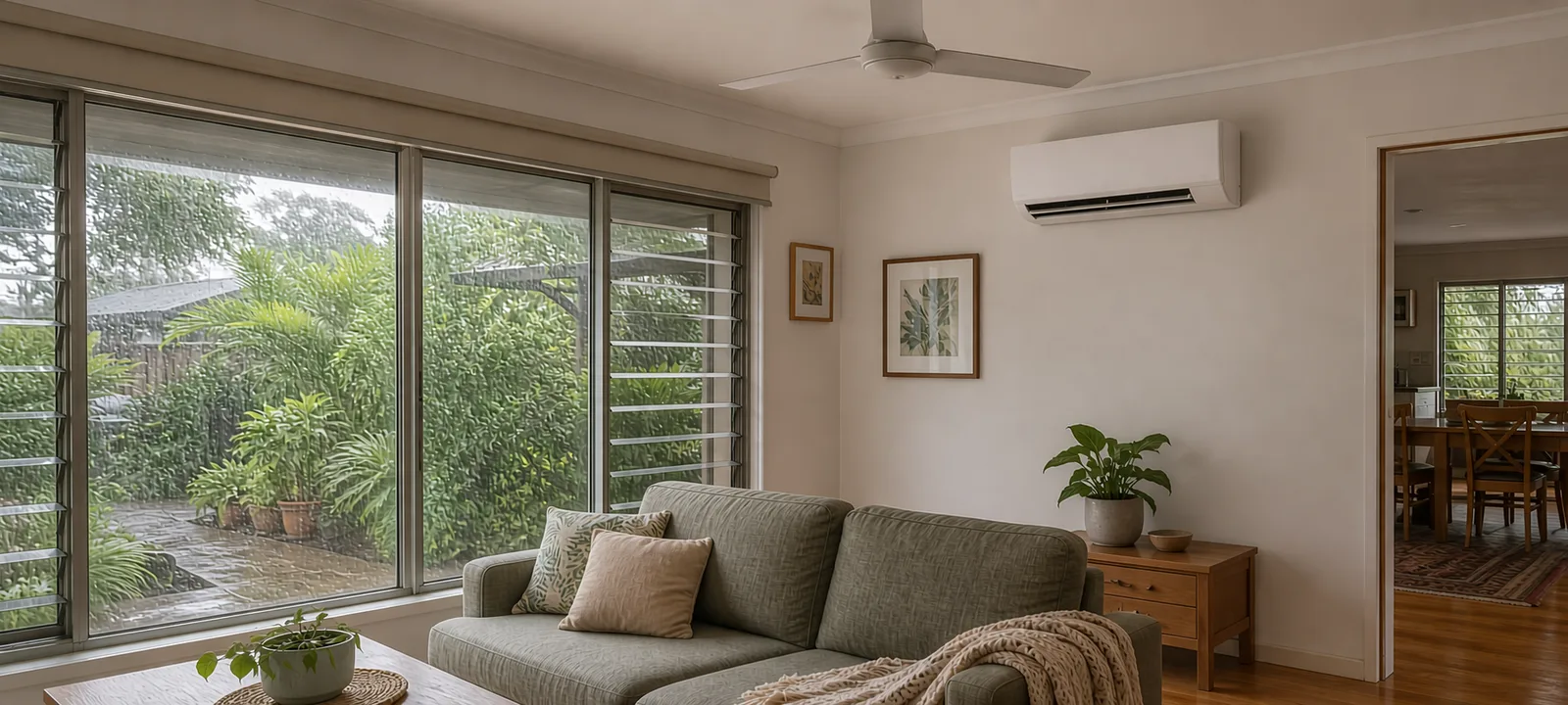 An Australian subtropical living room with a high-wall split-system air conditioner and a rain-damp garden outside