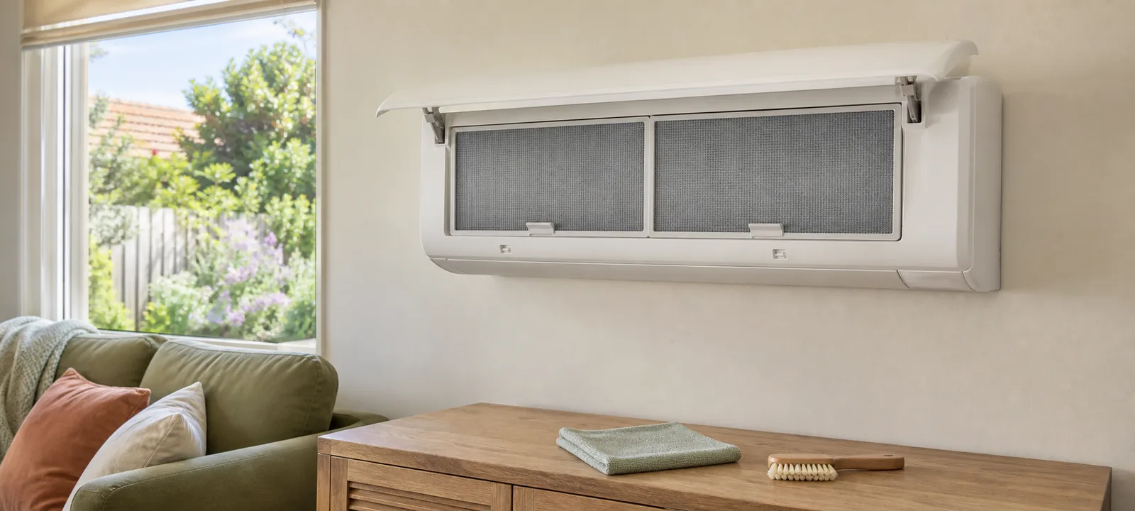 An Australian living room air conditioner with its owner-access cover open and two washable mesh filters visible