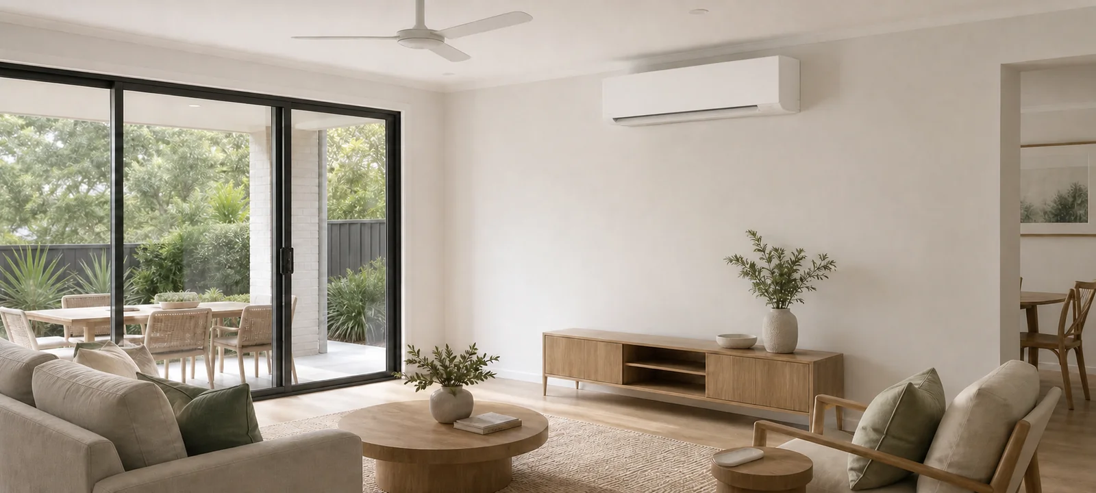 A summer living room with a wall-mounted reverse-cycle air conditioner, ceiling fan and shaded windows