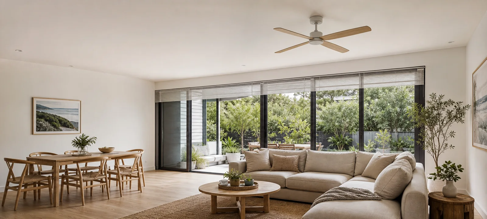A ceiling fan installed above the seating area of a shaded Australian living room