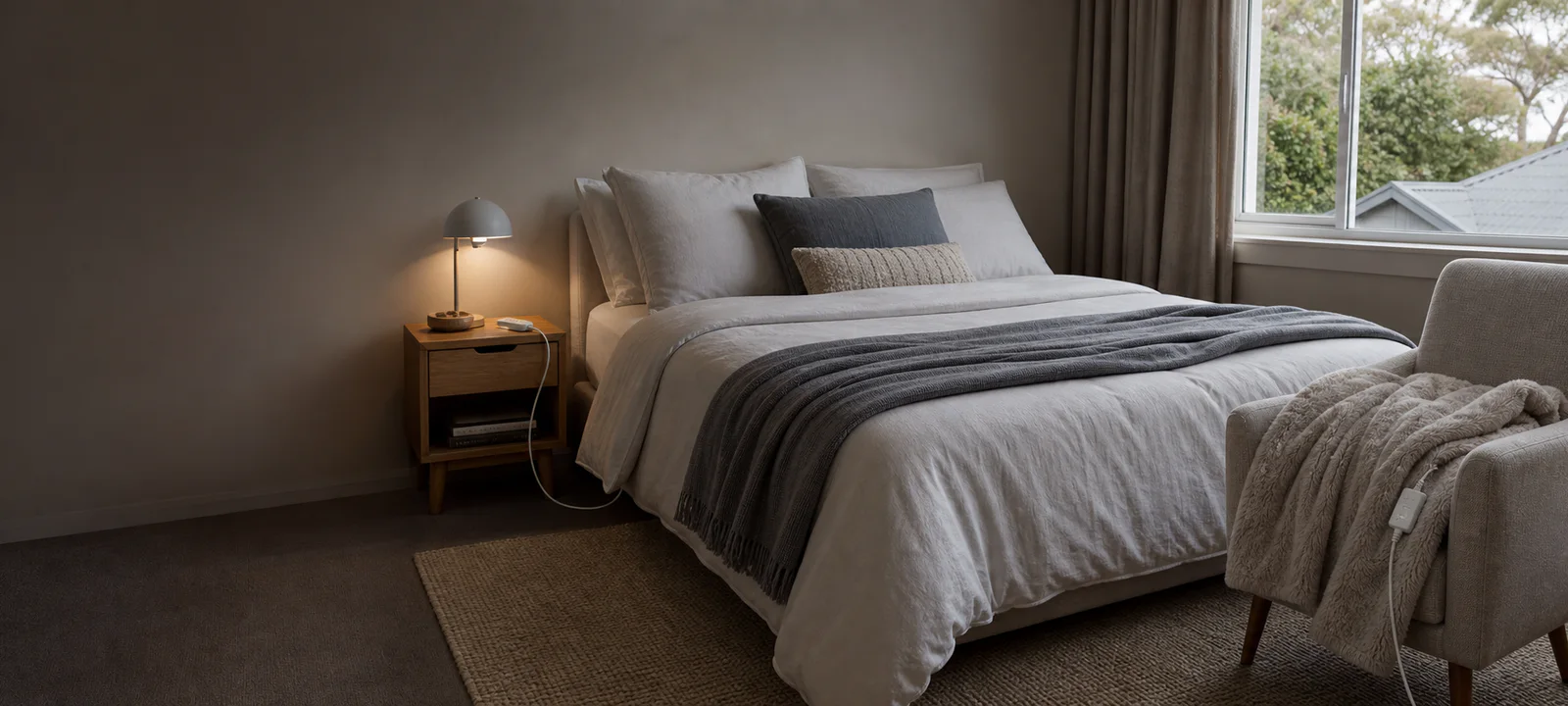 An electric blanket controller beside a made bed with a heated throw folded over a nearby chair