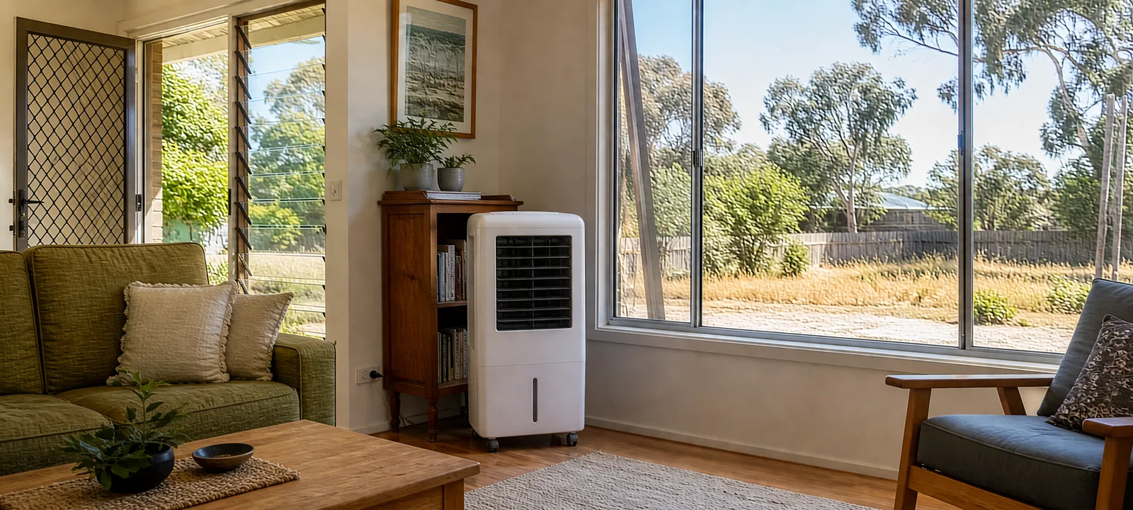 A portable evaporative cooler in an Australian living room with open windows and a dry inland garden outside