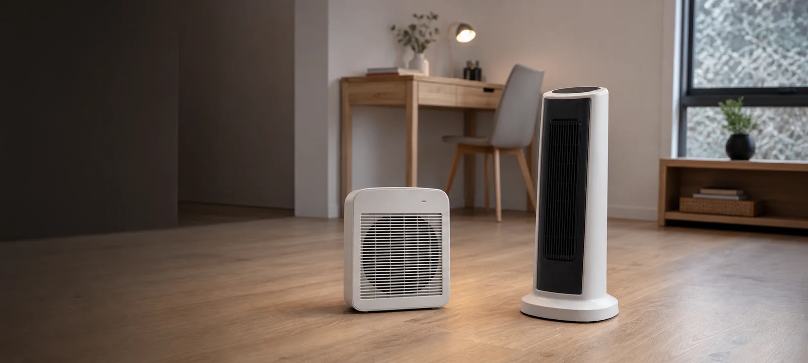 A compact fan heater and a taller ceramic heater positioned safely in a winter home interior