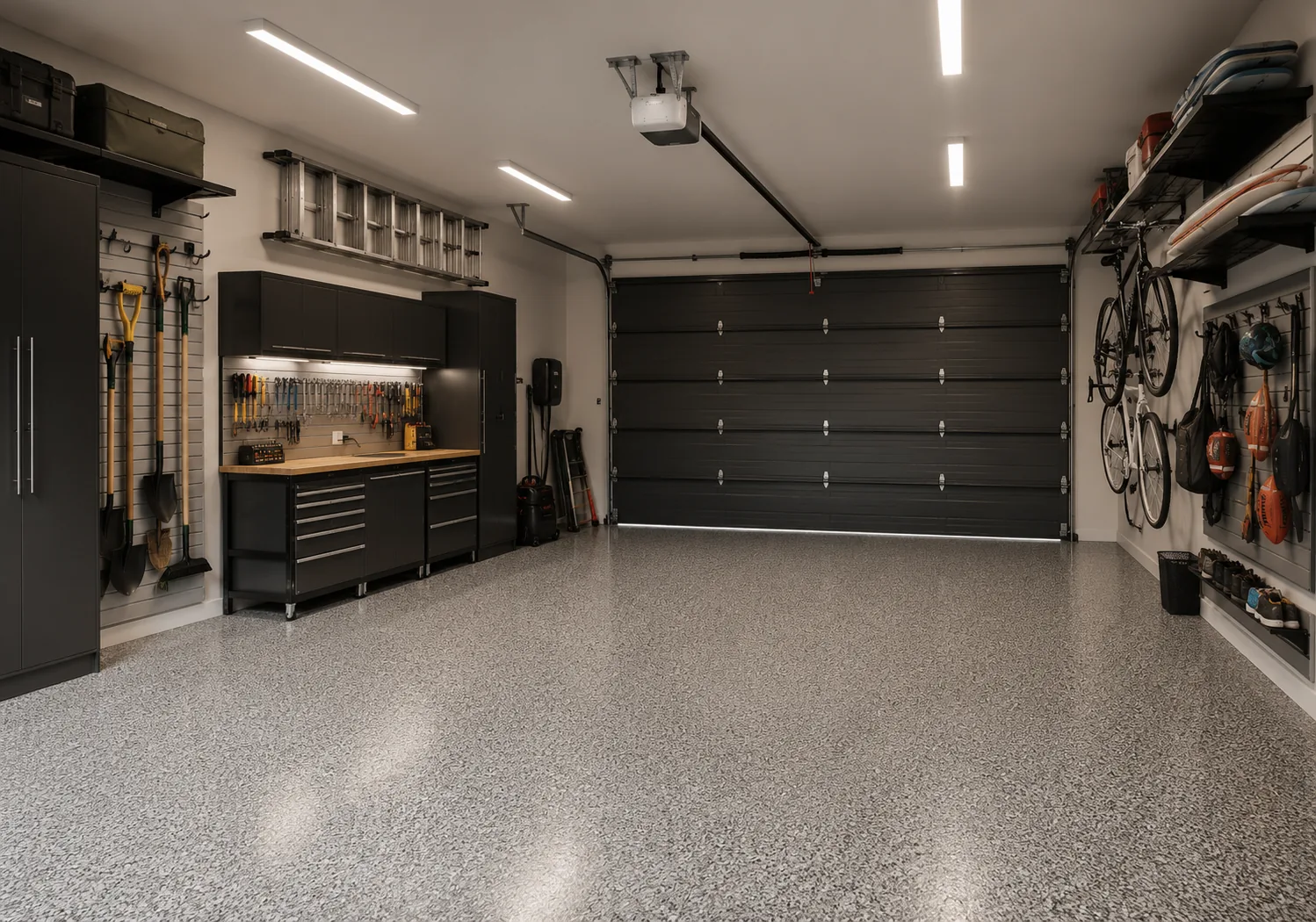 An organised garage with wall storage, shelves and clear floor space.