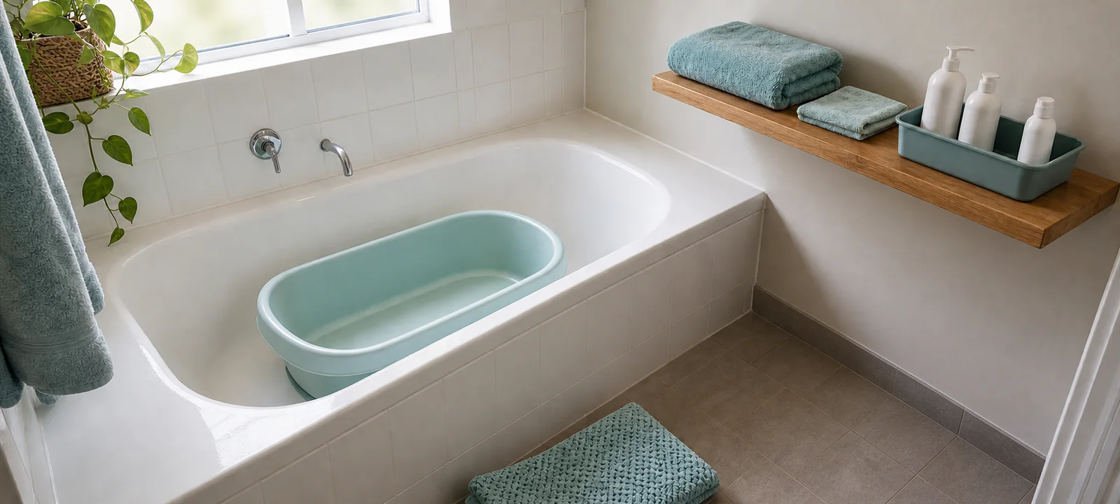 A dry baby bath prepared with folded towels, a washcloth and a small caddy of plain care supplies within adult reach