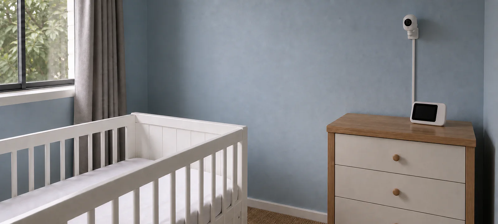 An unbranded monitor camera secured outside an empty cot with its cable covered and a plain parent receiver nearby