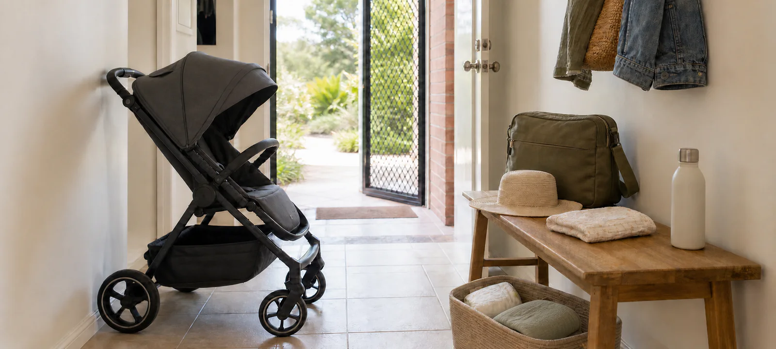 An entryway with an unbranded pram, packed nappy bag, sun hat and a small basket of outing essentials