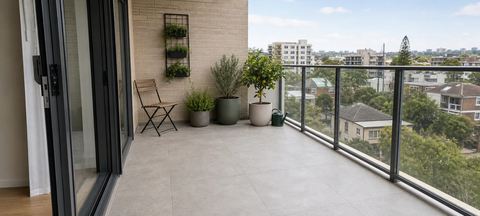 A small apartment balcony with pots and wall planters grouped away from the railing and a clear floor