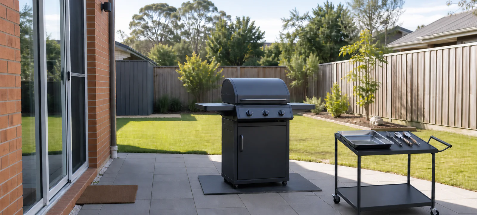A closed unbranded barbecue on a paved pad with open-air clearance and a separate serving trolley
