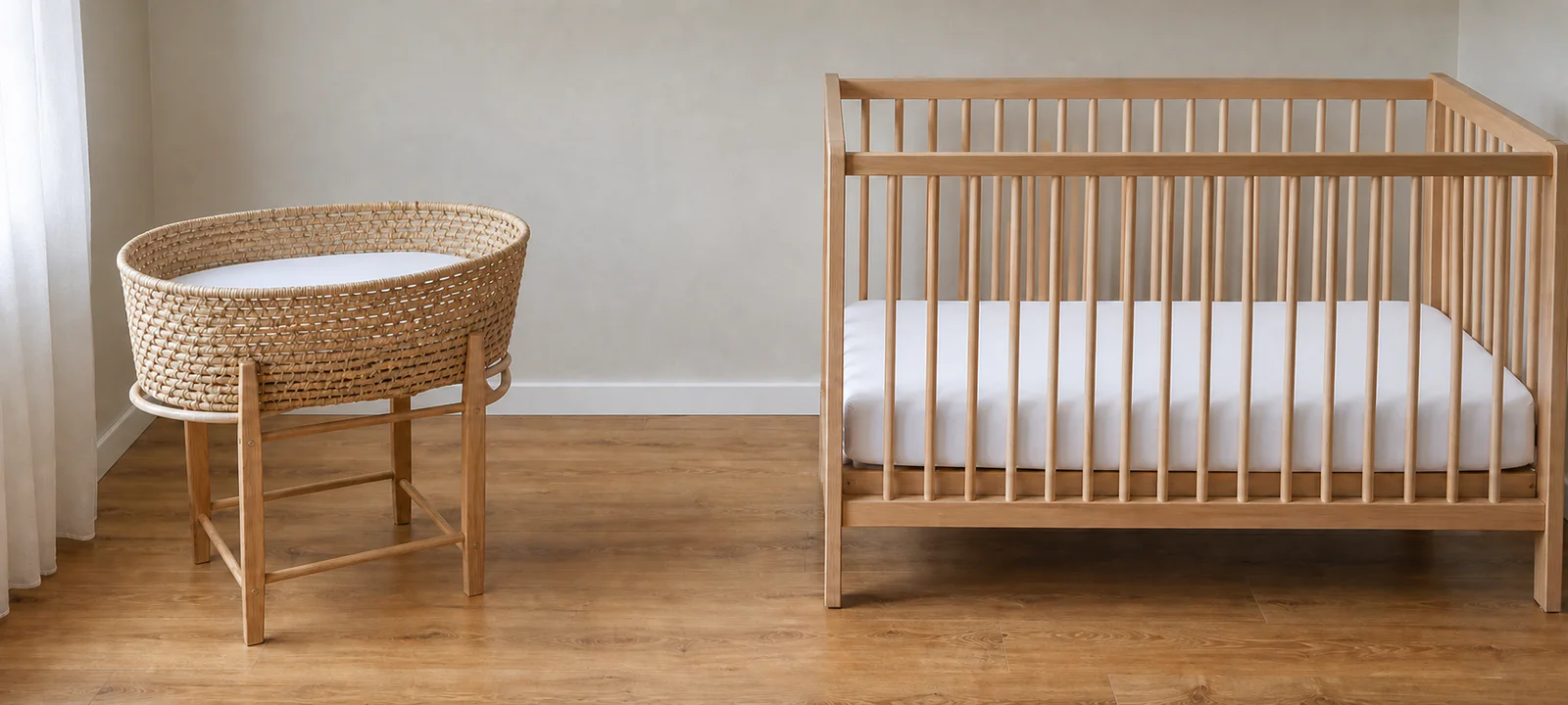 An empty bassinet and cot with firm fitted sheets and clear floor space around both sleep areas