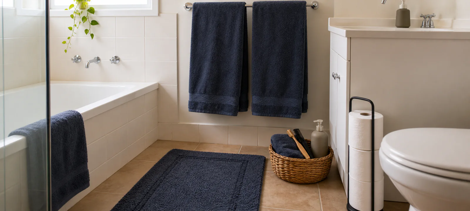 A practical bathroom with navy towels, a bath mat, plain soap dispensers, a small basket and spare toilet paper