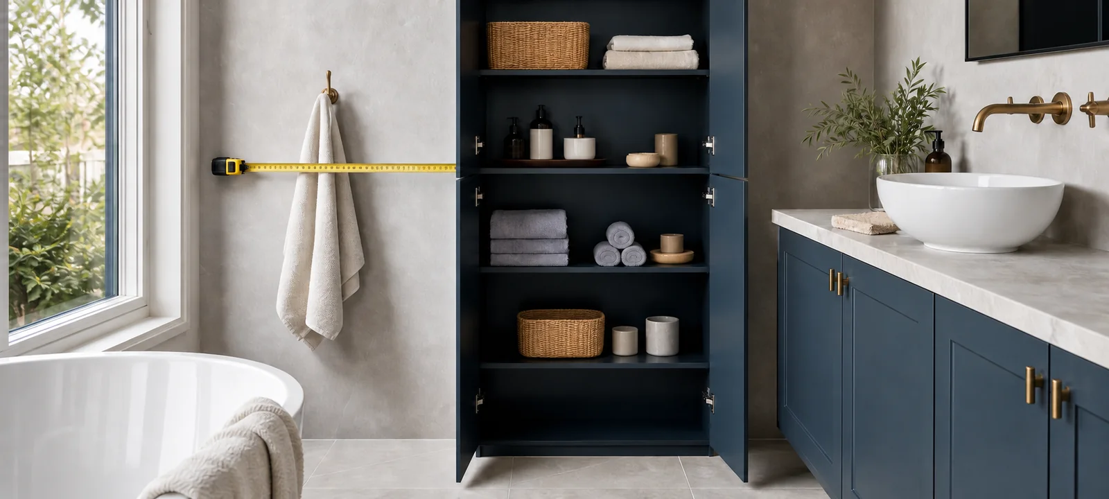 A tidy bathroom with warm finishes, soft light and practical everyday storage