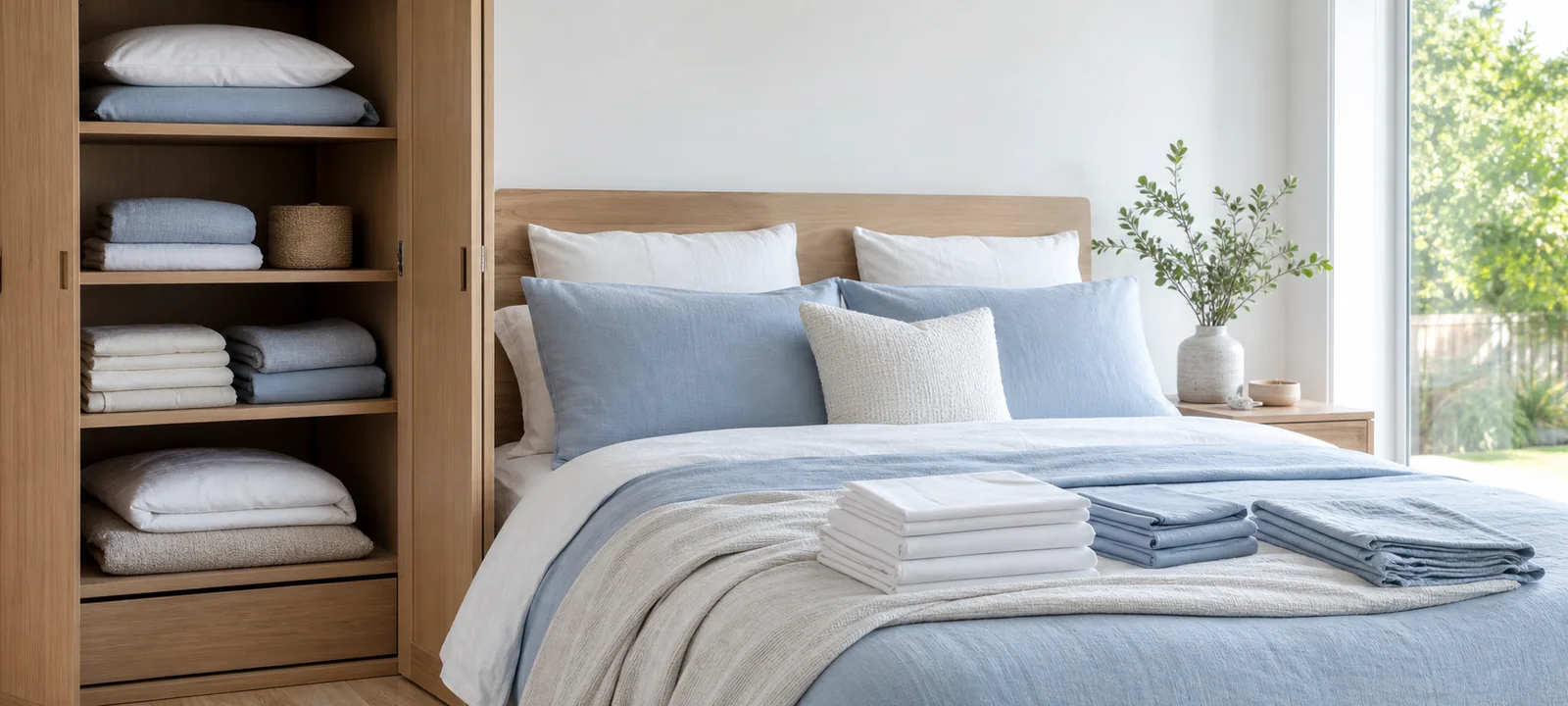 A calm bedroom with layered bedding, folded linen and warm natural light