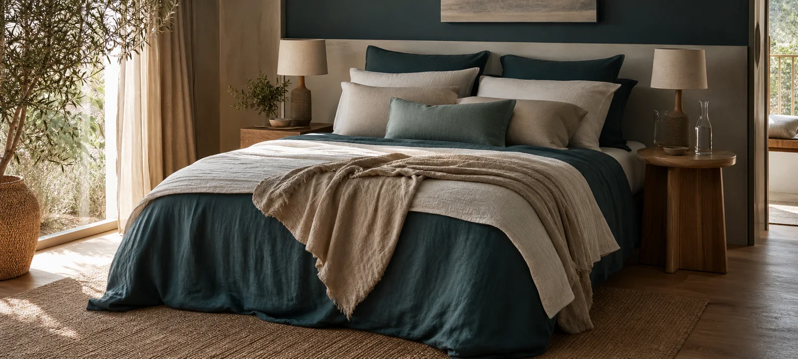 A calm bedroom with soft bedding, warm light and practical storage