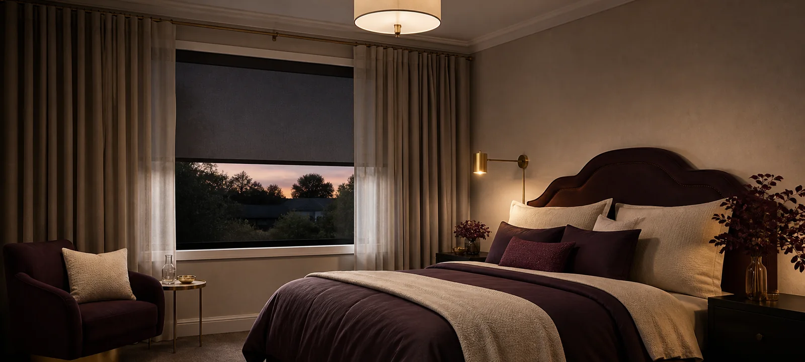 A calm bedroom with soft curtains, bedside lighting and warm natural light