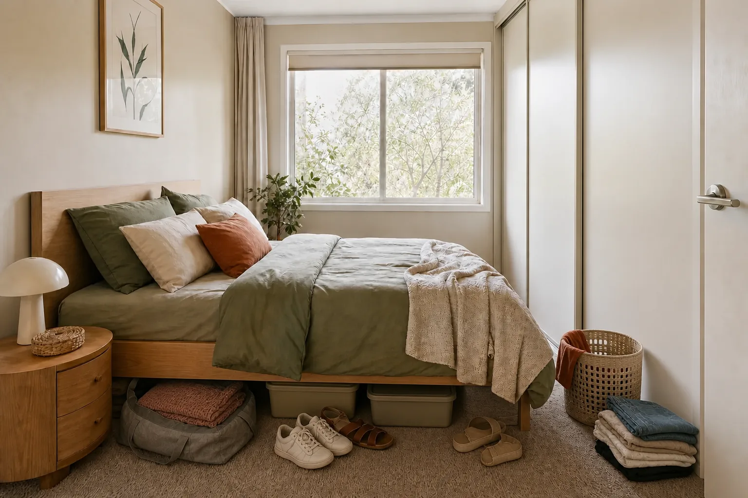 Loose shoes, tubs, linen and clothing crowding the floor and space beneath a compact bedroom bed