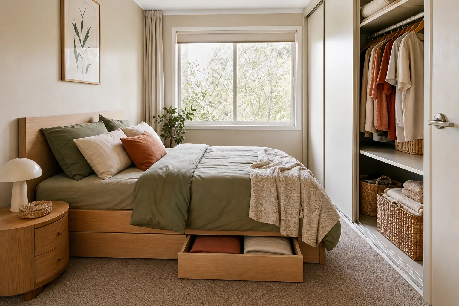 A compact bedroom showing the bed footprint, open wardrobe and clear walking space beside the bed
