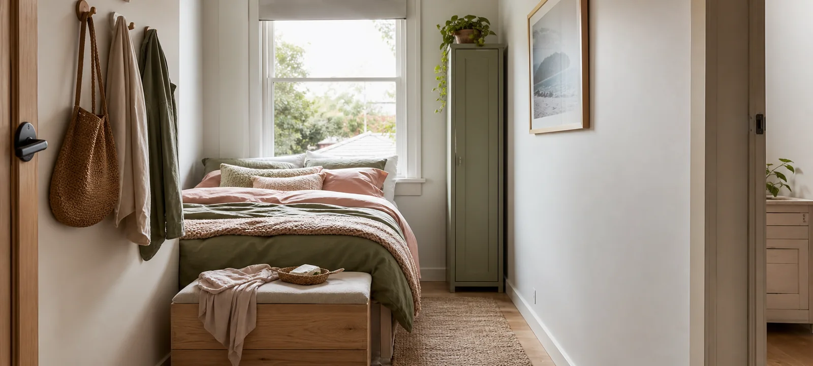 A calm small bedroom with soft bedding, warm light and practical storage
