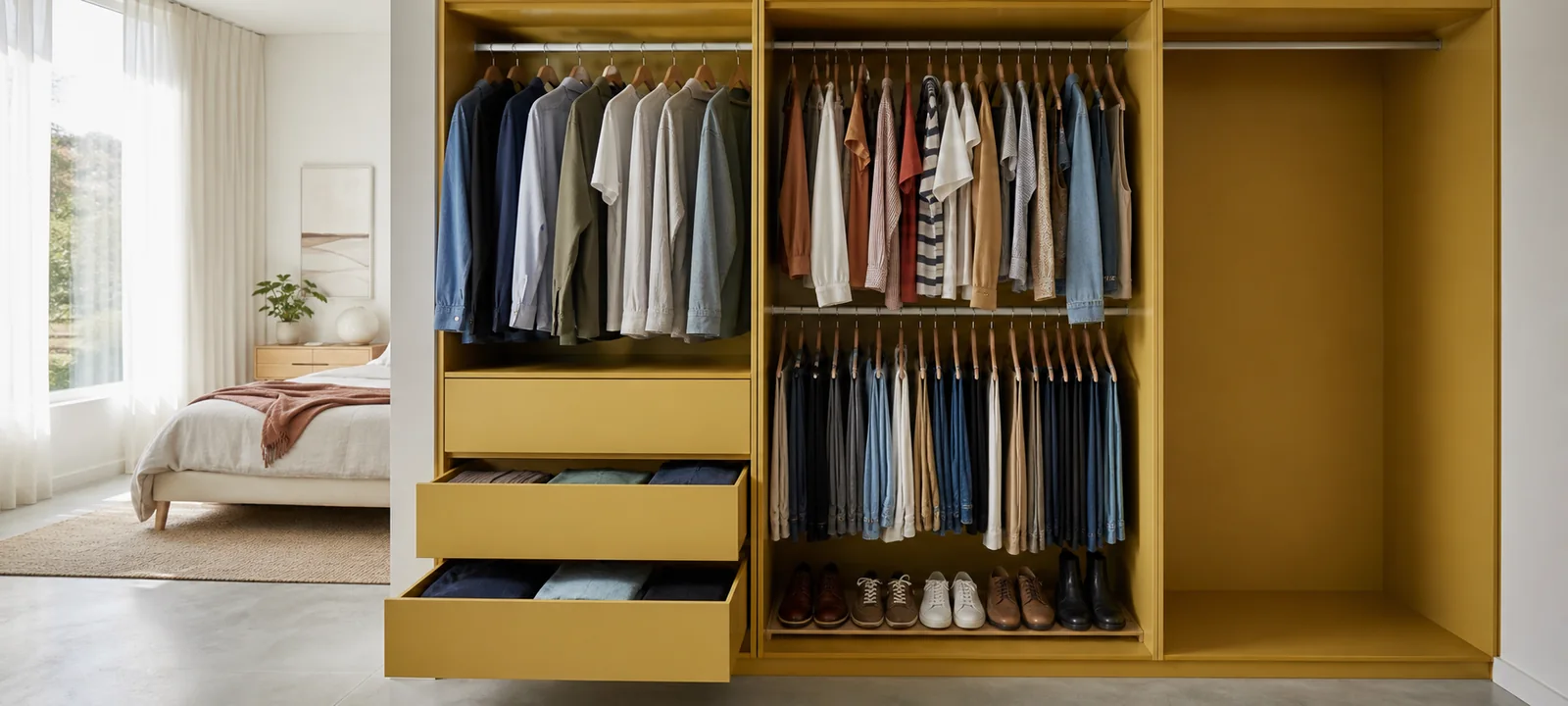 A calm bedroom wardrobe area with soft bedding, warm light and practical clothing storage