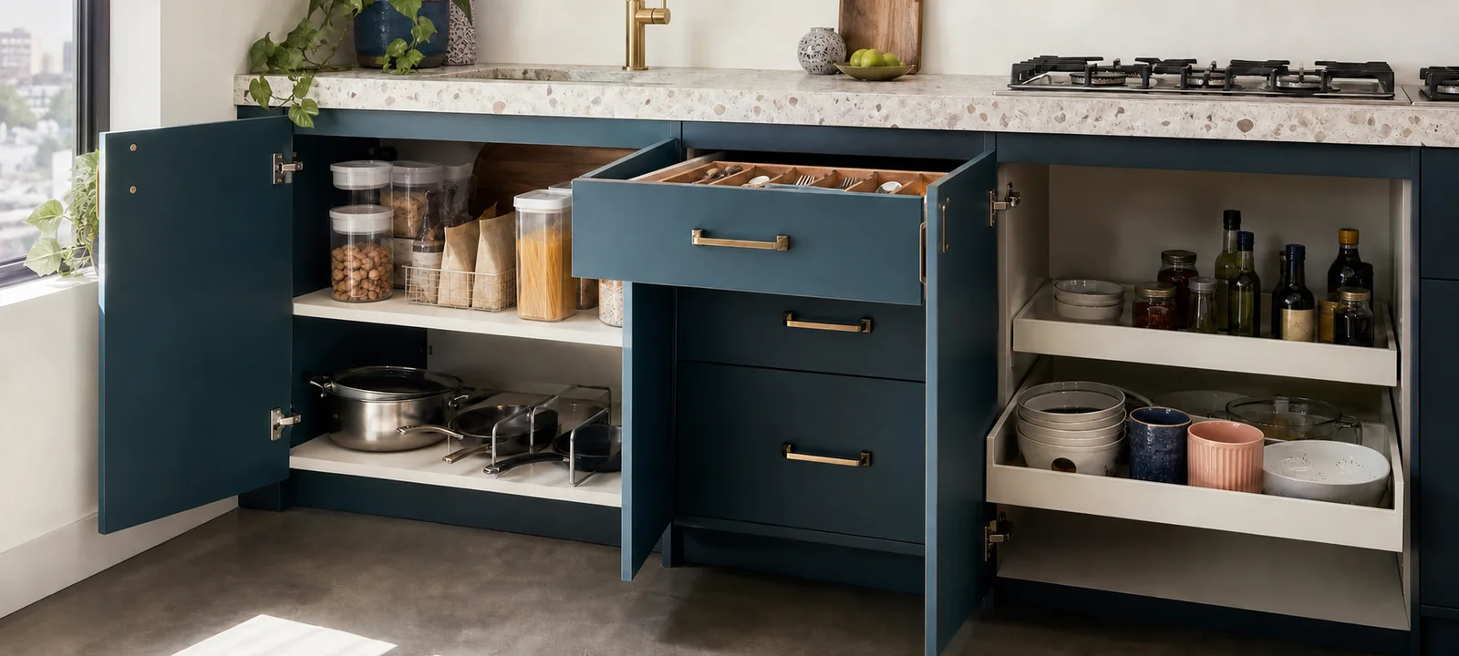 A warm kitchen with timber cabinetry, green accents and a tidy benchtop