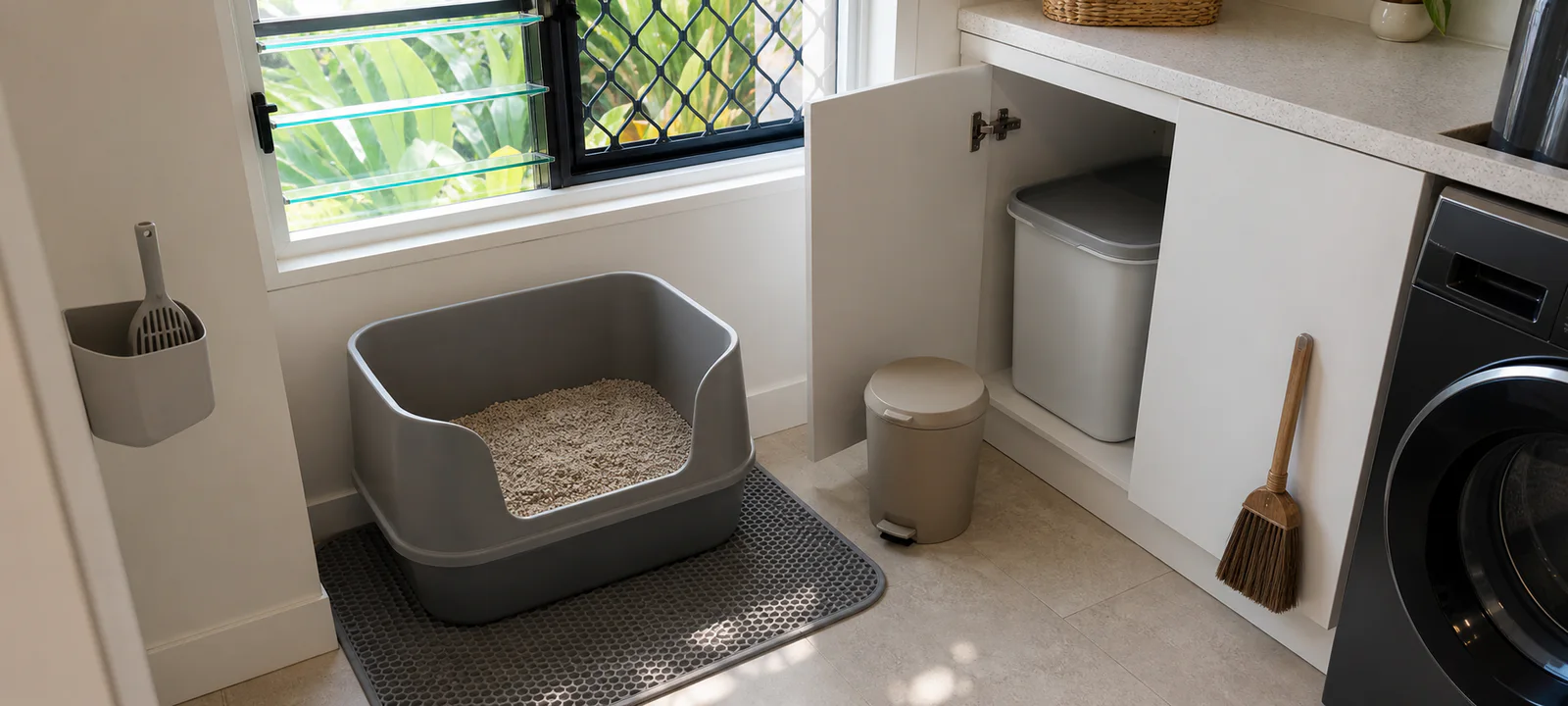 A high-sided litter tray on a washable mat beside a screened louvre window with a scoop and sealed storage nearby