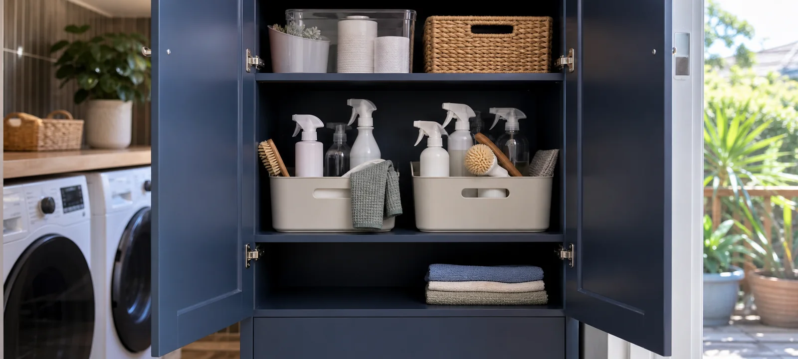 A practical laundry room with warm finishes, baskets and tidy everyday storage