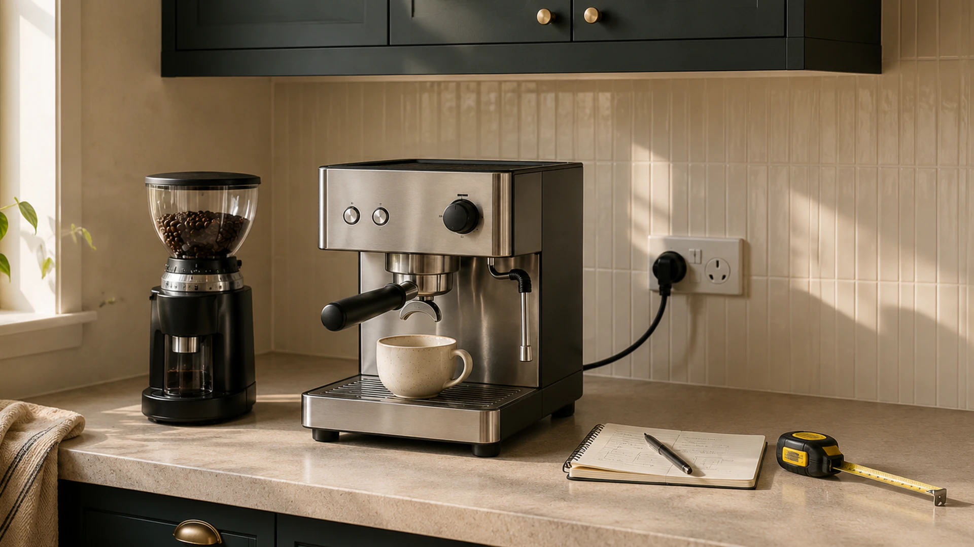An unbranded manual espresso machine and grinder beside a notebook and tape measure on a kitchen bench