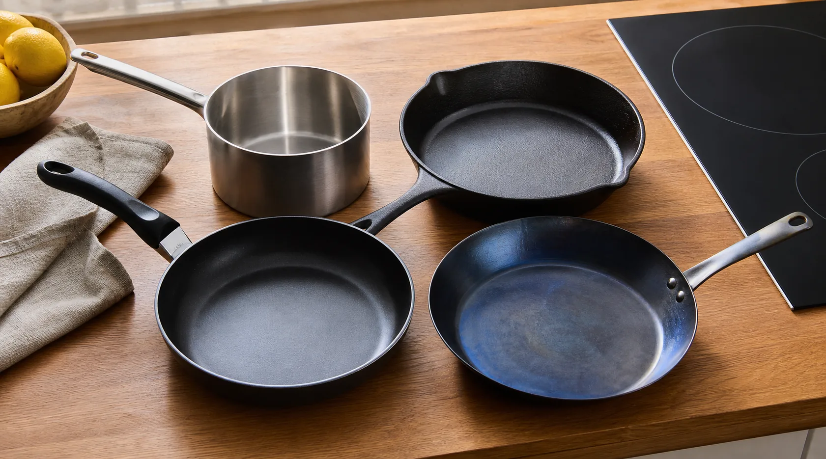 Stainless steel, cast iron, nonstick and carbon steel cookware arranged on a timber kitchen bench