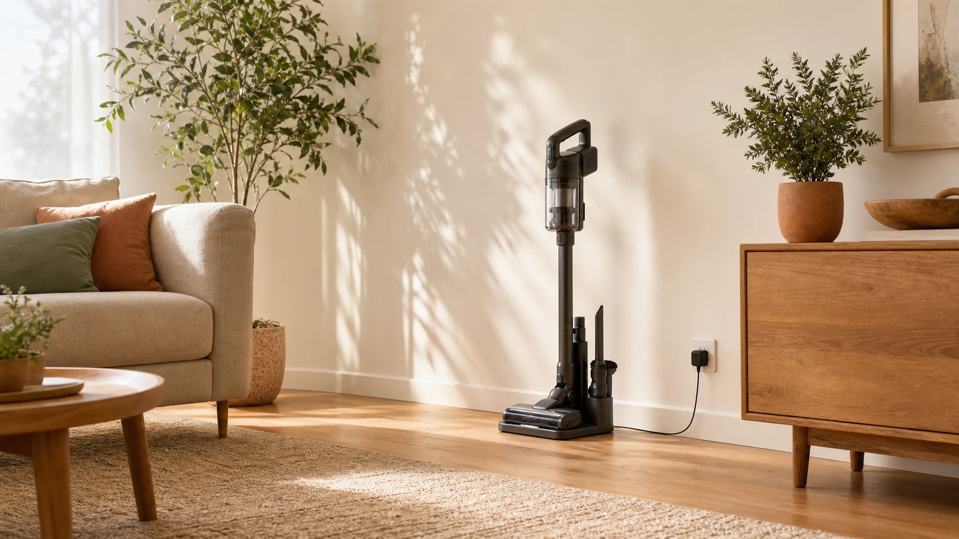An unbranded cordless stick vacuum and tools on a freestanding charging dock beside a rug and timber floor