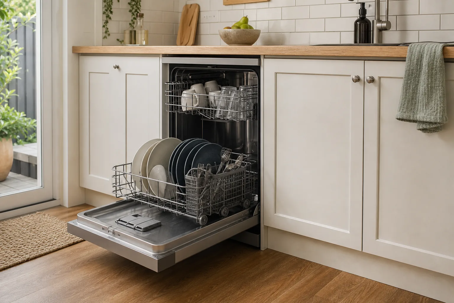 An open stainless steel dishwasher installed below a kitchen bench showing racks, cabinetry and door clearance