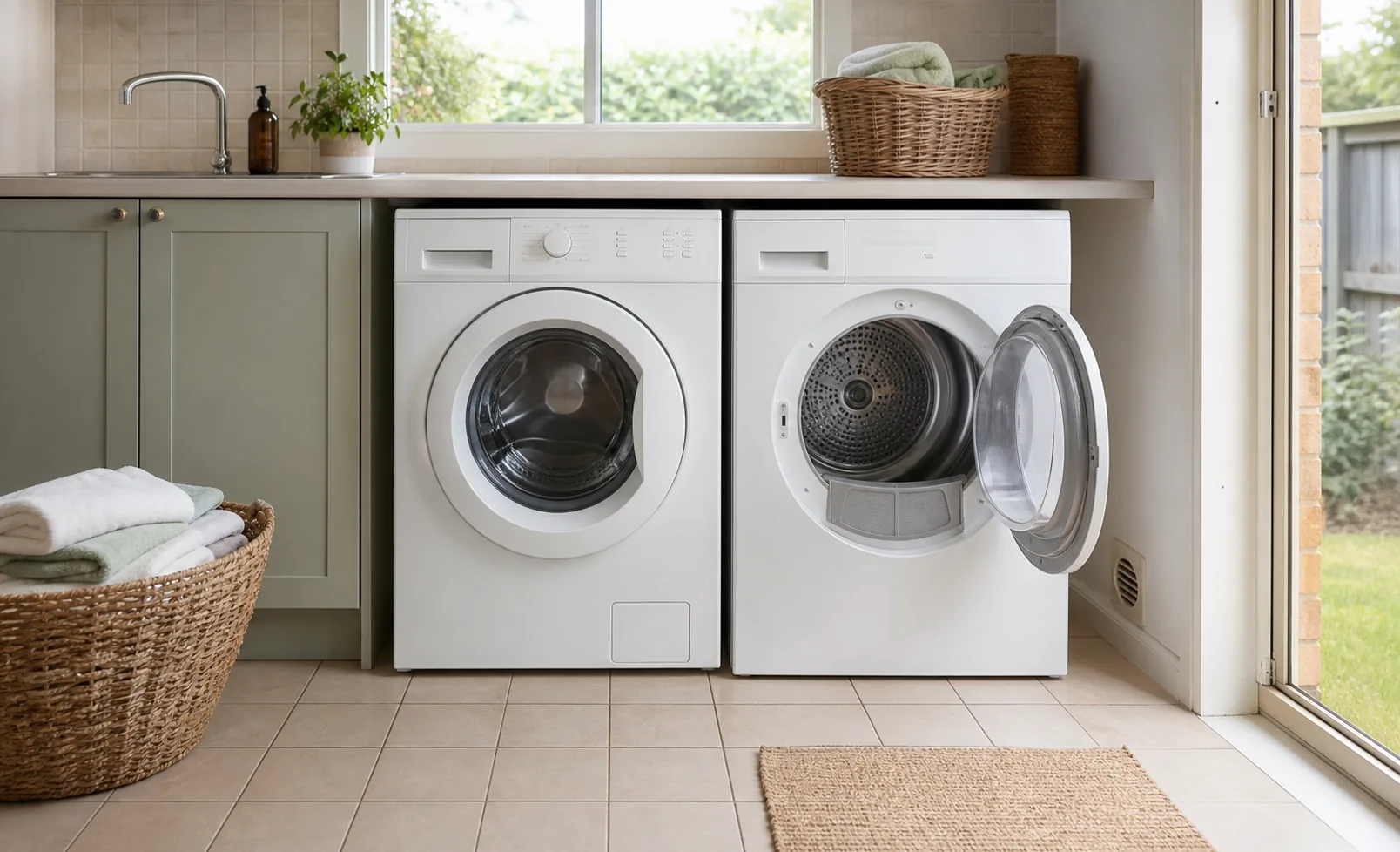 A front loading washer and dryer side by side in a practical Australian laundry with towels and clear floor space