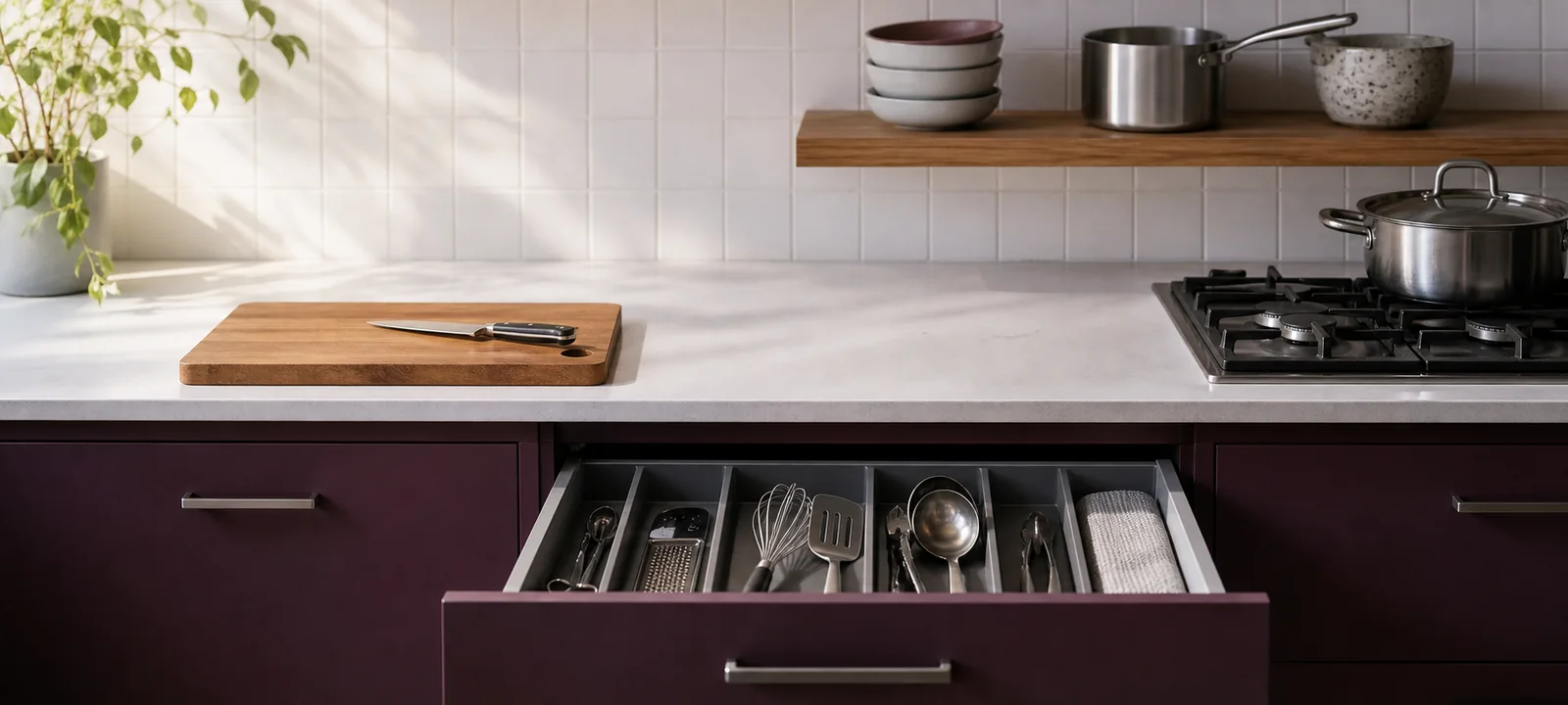 A warm kitchen with timber cabinetry, green accents and everyday kitchen storage