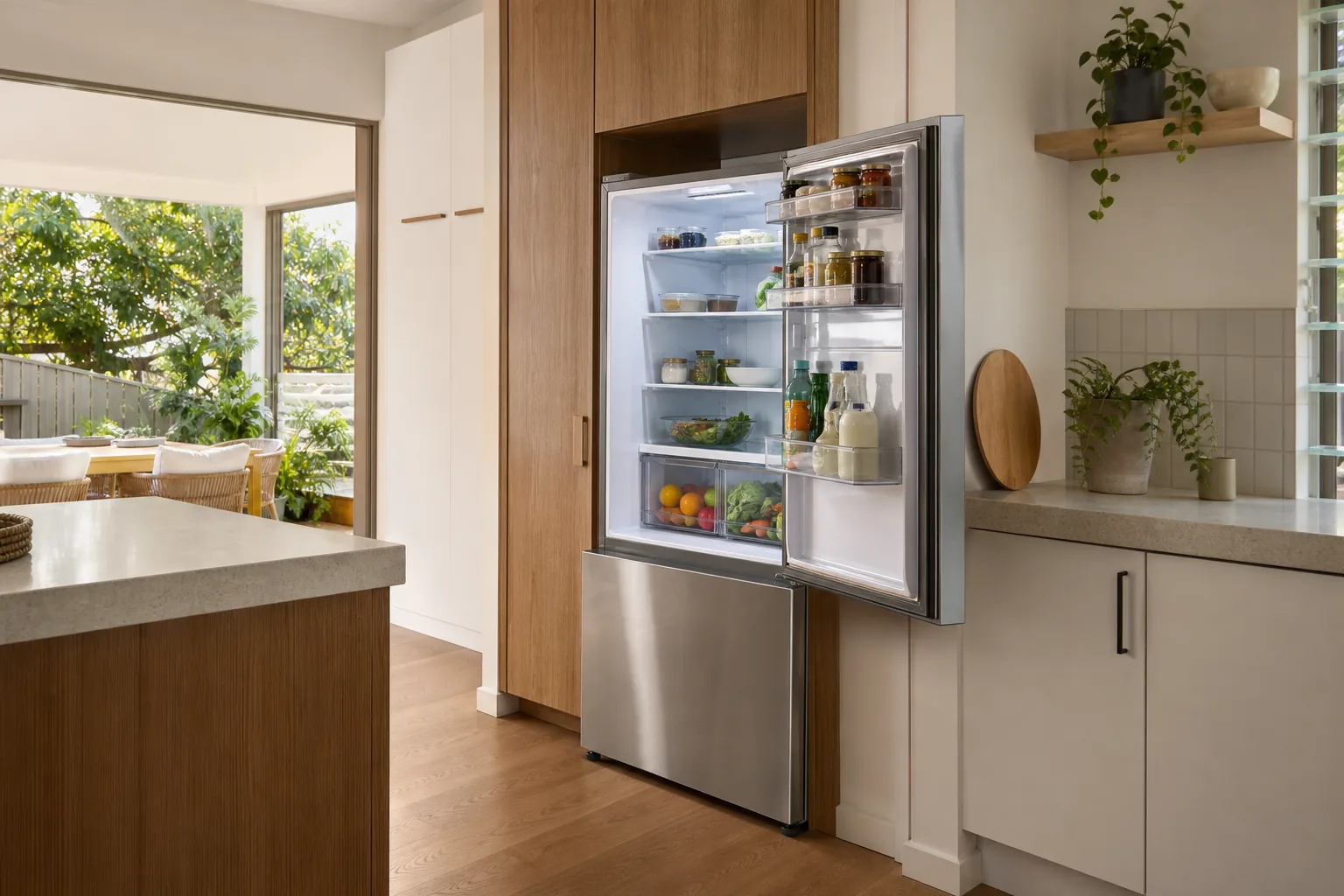An open bottom mount refrigerator in a warm Australian kitchen showing the surrounding cabinetry and walking space
