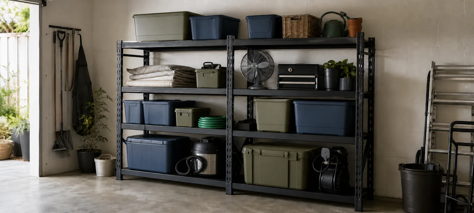 Freestanding garage shelving with mixed household equipment, plain storage tubs and heavier items kept on the lower shelves