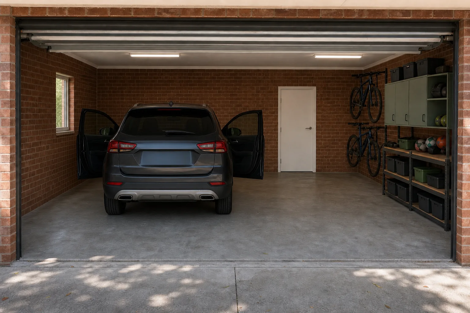 A double brick garage with an SUV parked in the left bay, both front doors open, an empty second bay and storage along the right wall