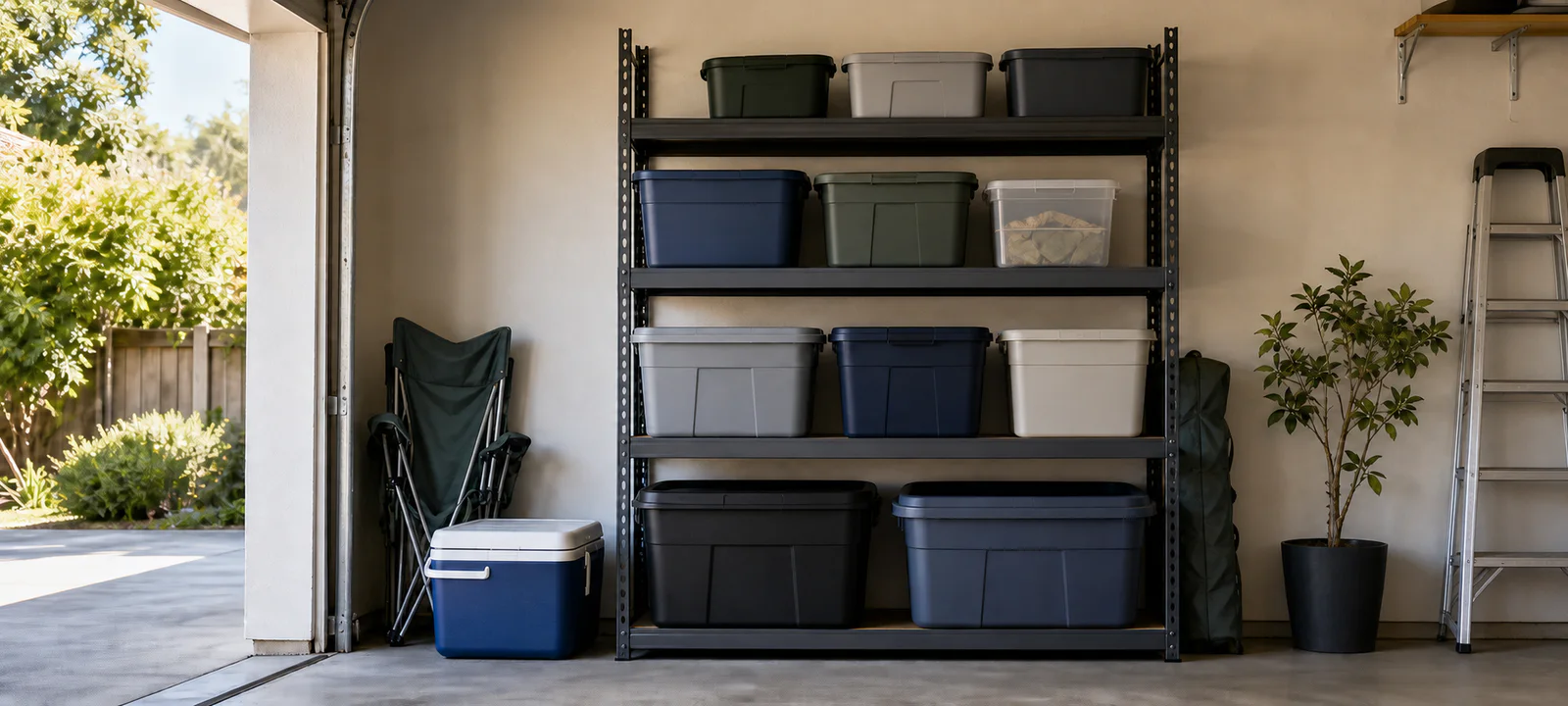 Mixed-size lidded storage tubs arranged safely on garage shelving with heavier containers kept low