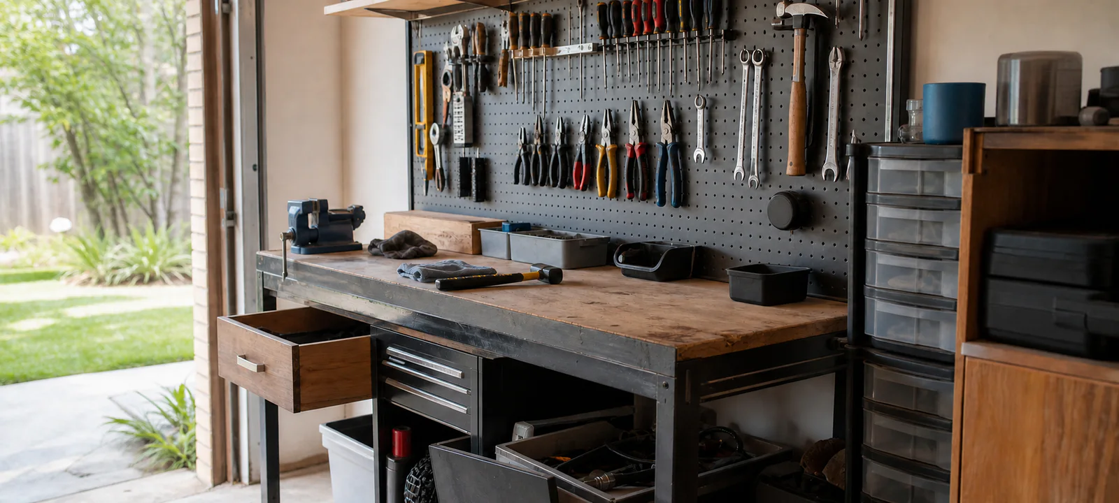 A garage workbench with ordinary hand tools arranged in drawers, a small cabinet and a compact pegboard