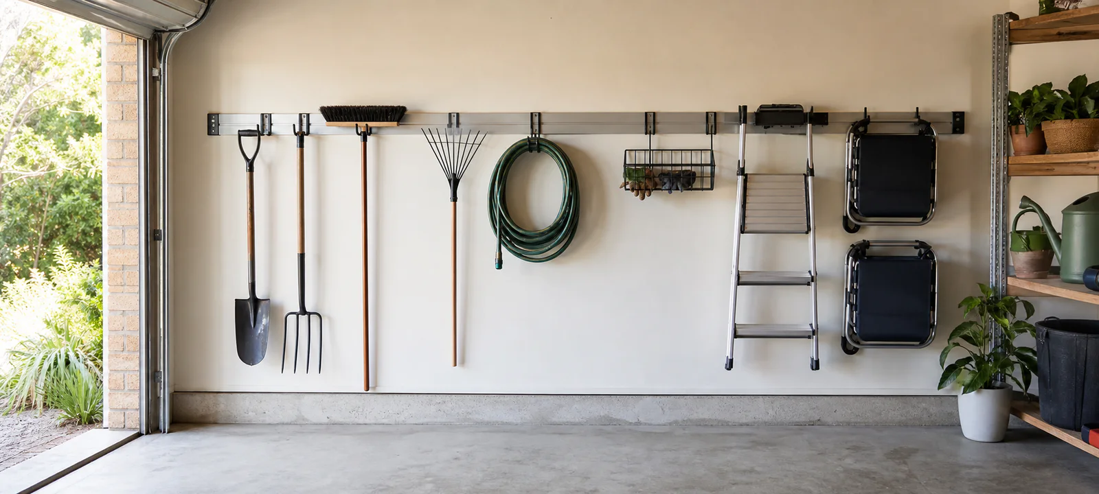 A garage wall-storage system holding garden tools, a ladder, folding chairs and a hose above a clear floor