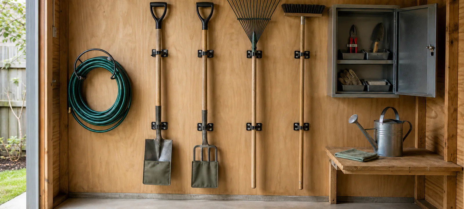 Garden tools secured on a shed wall with blade covers, a coiled hose and smaller tools stored in a cabinet