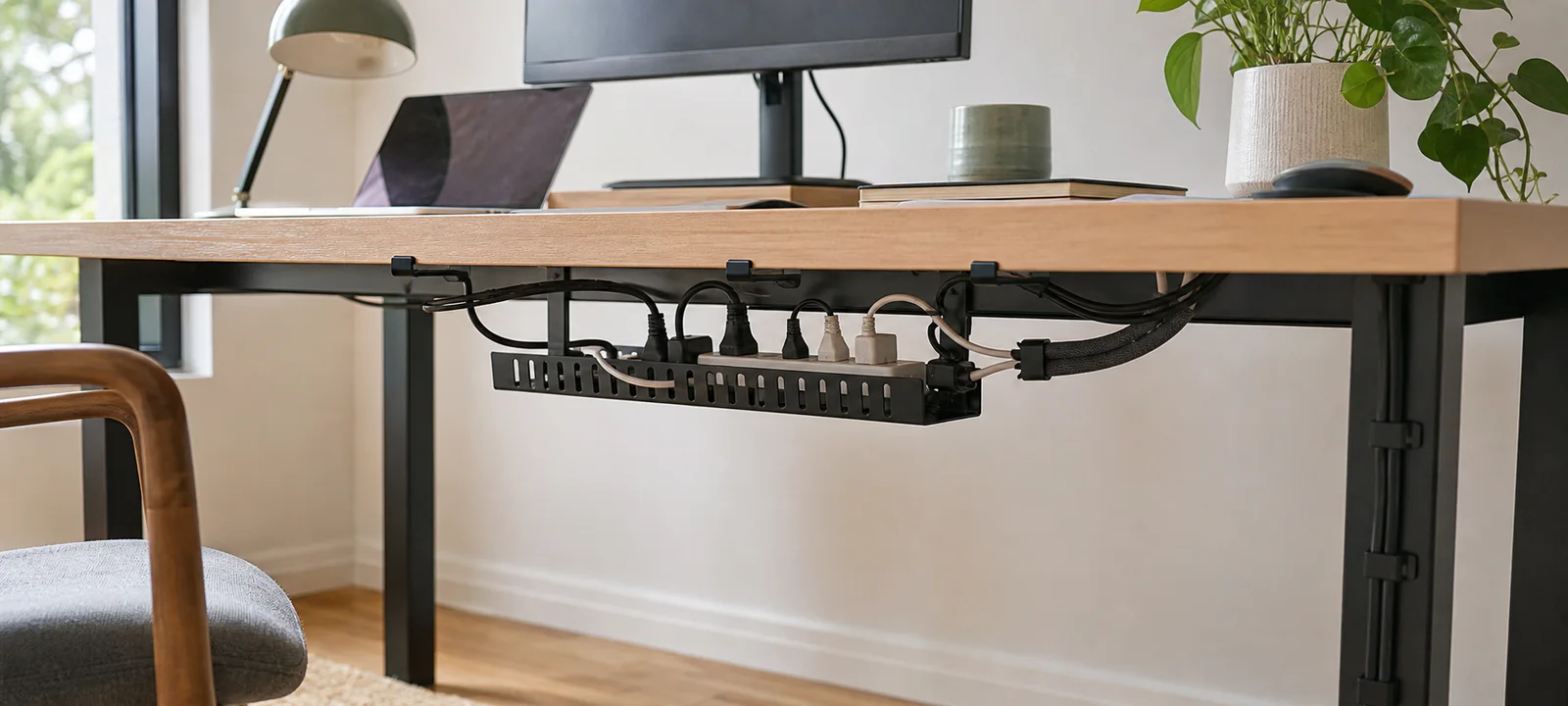 Home-office cables routed through an accessible under-desk tray, clips and a sleeve down the desk leg