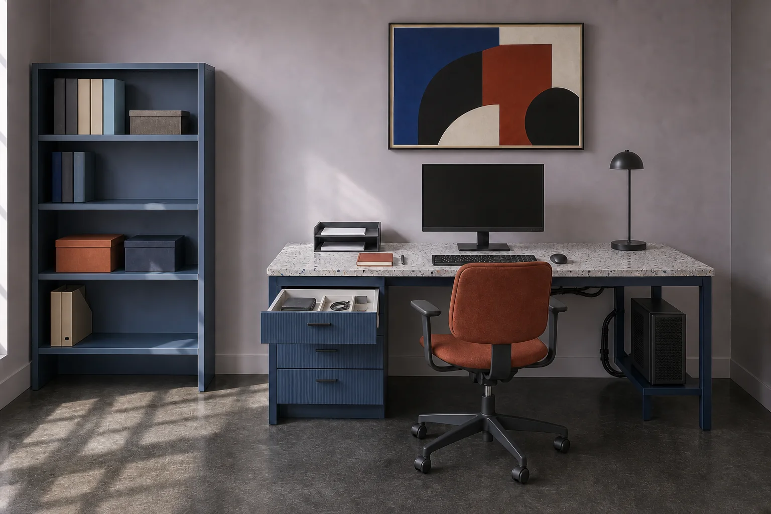 A home office with an open blue bookcase, terrazzo desk, open divided drawer, desktop computer and managed cables