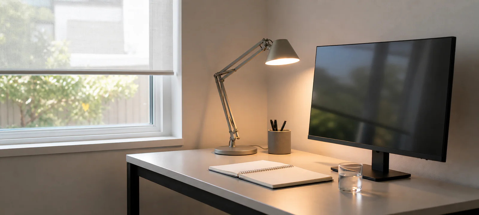 A home-office desk lit by filtered daylight and an adjustable task lamp beside a glare-controlled monitor