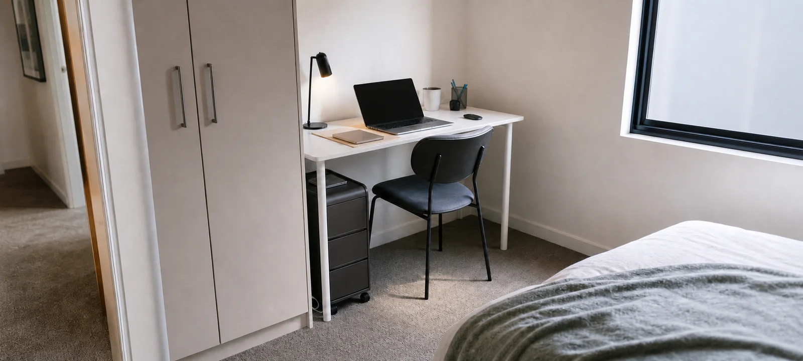 A slim home-office desk and chair fitted beside a wardrobe in a compact bedroom nook