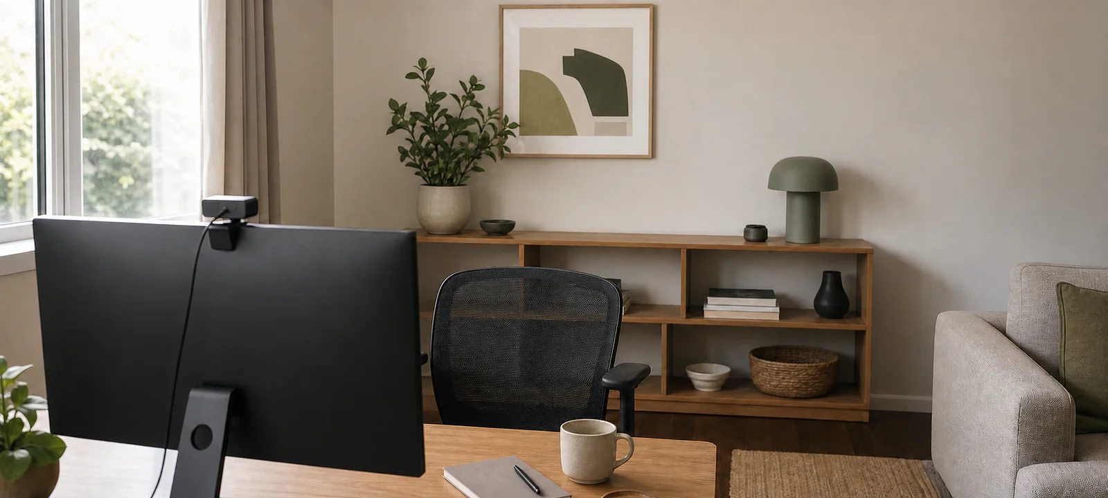 A home workstation viewed past a webcam and empty chair towards a calm, uncluttered video-call background