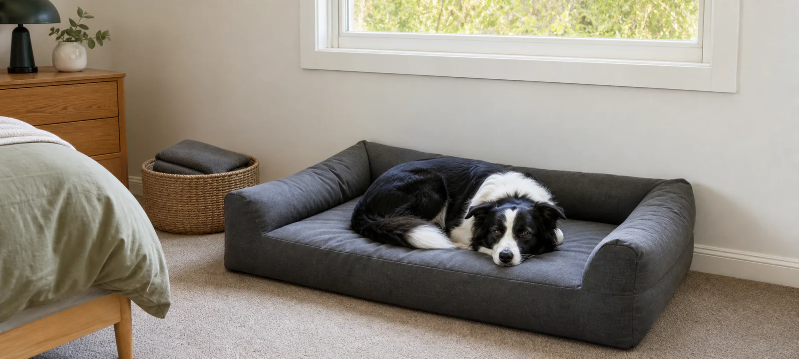 A calm border collie resting on a correctly sized charcoal dog bed in a quiet bedroom corner