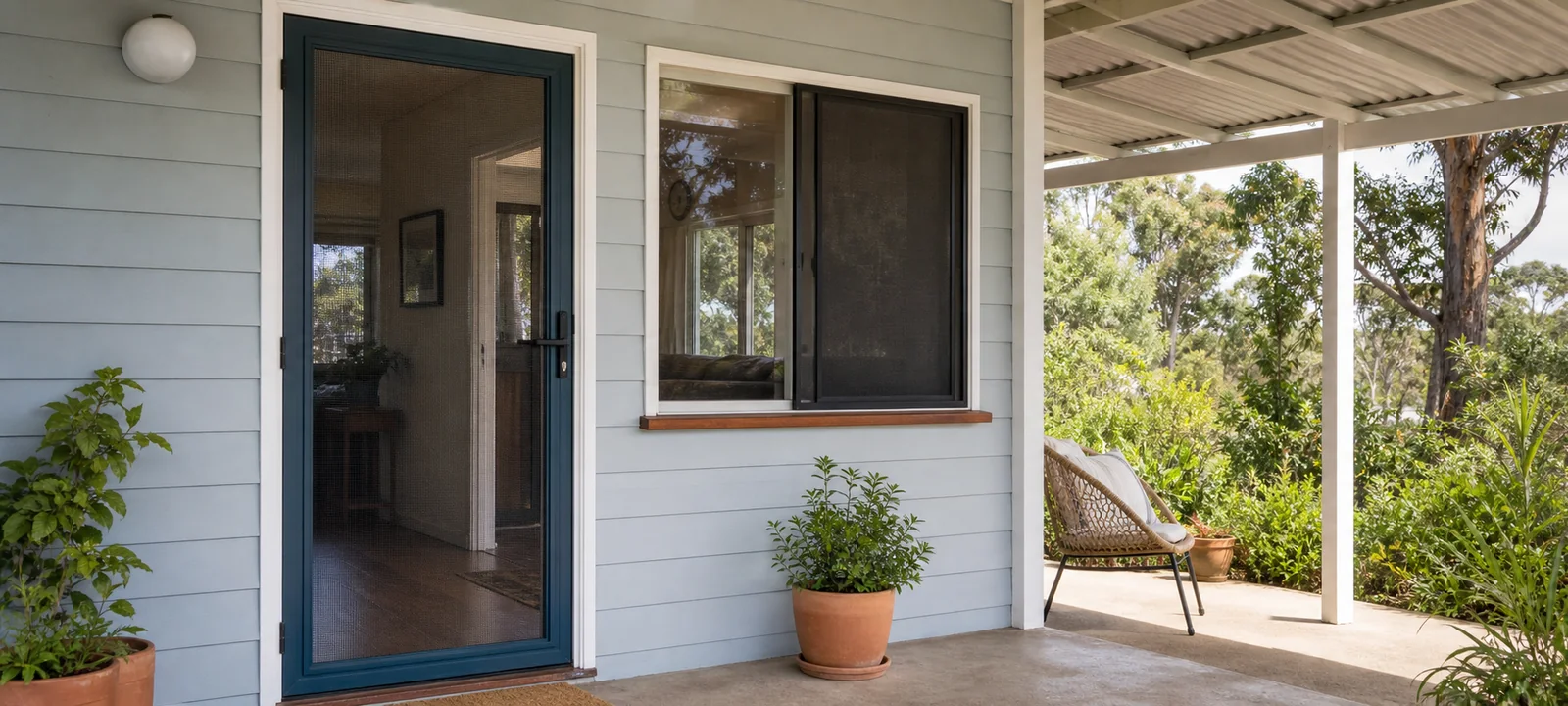 A fitted insect-screen door and screened window on the verandah of an Australian weatherboard home