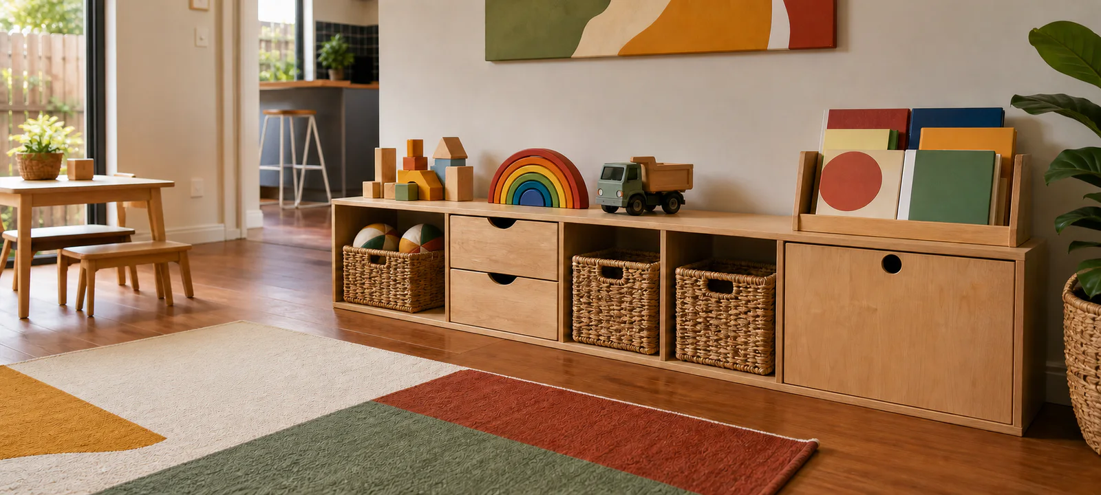 Low playroom storage with large toys, blank-cover books and open baskets beside a clear section of floor