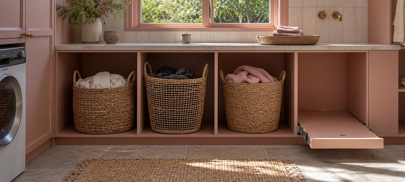 A practical laundry room with warm finishes, baskets and tidy everyday storage