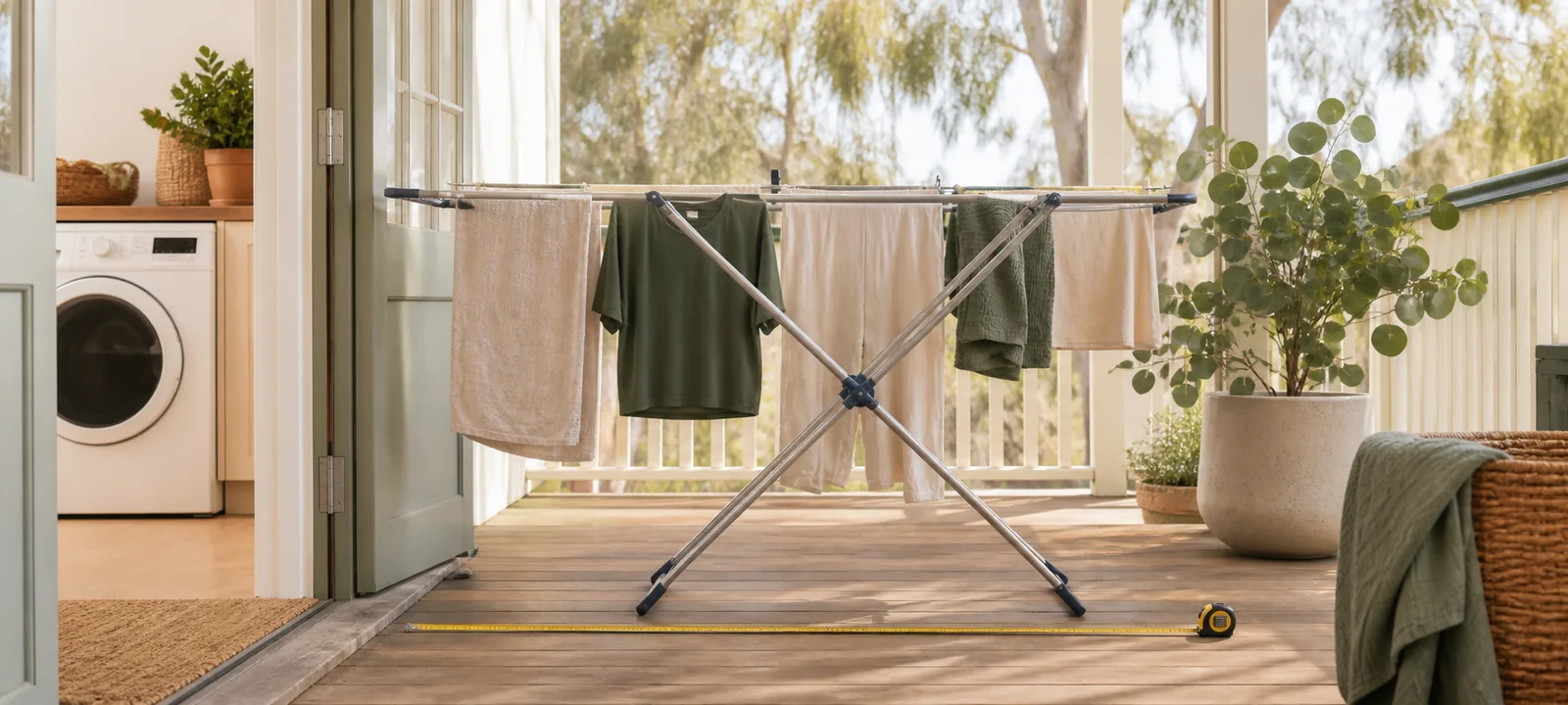 A practical laundry room with warm finishes, baskets and tidy everyday storage